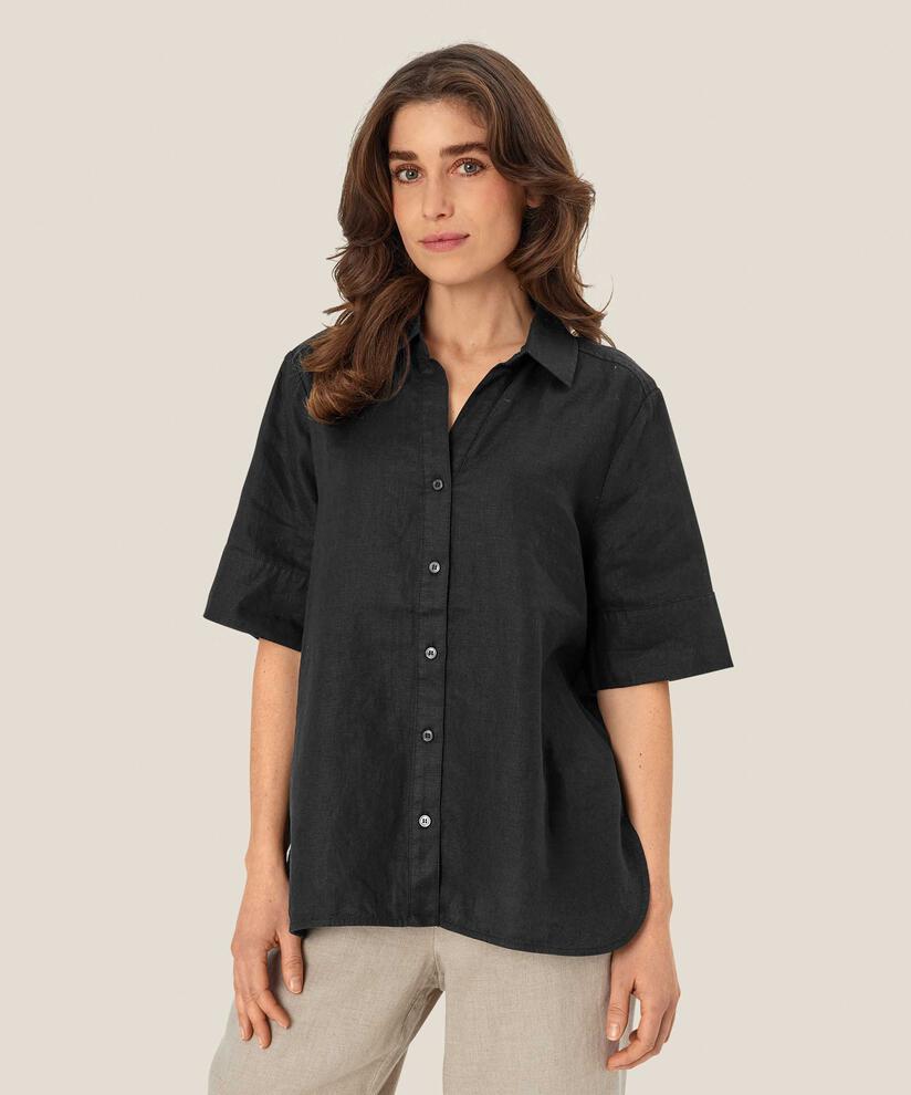 chemise en lin à manches courtes et col en V, Black