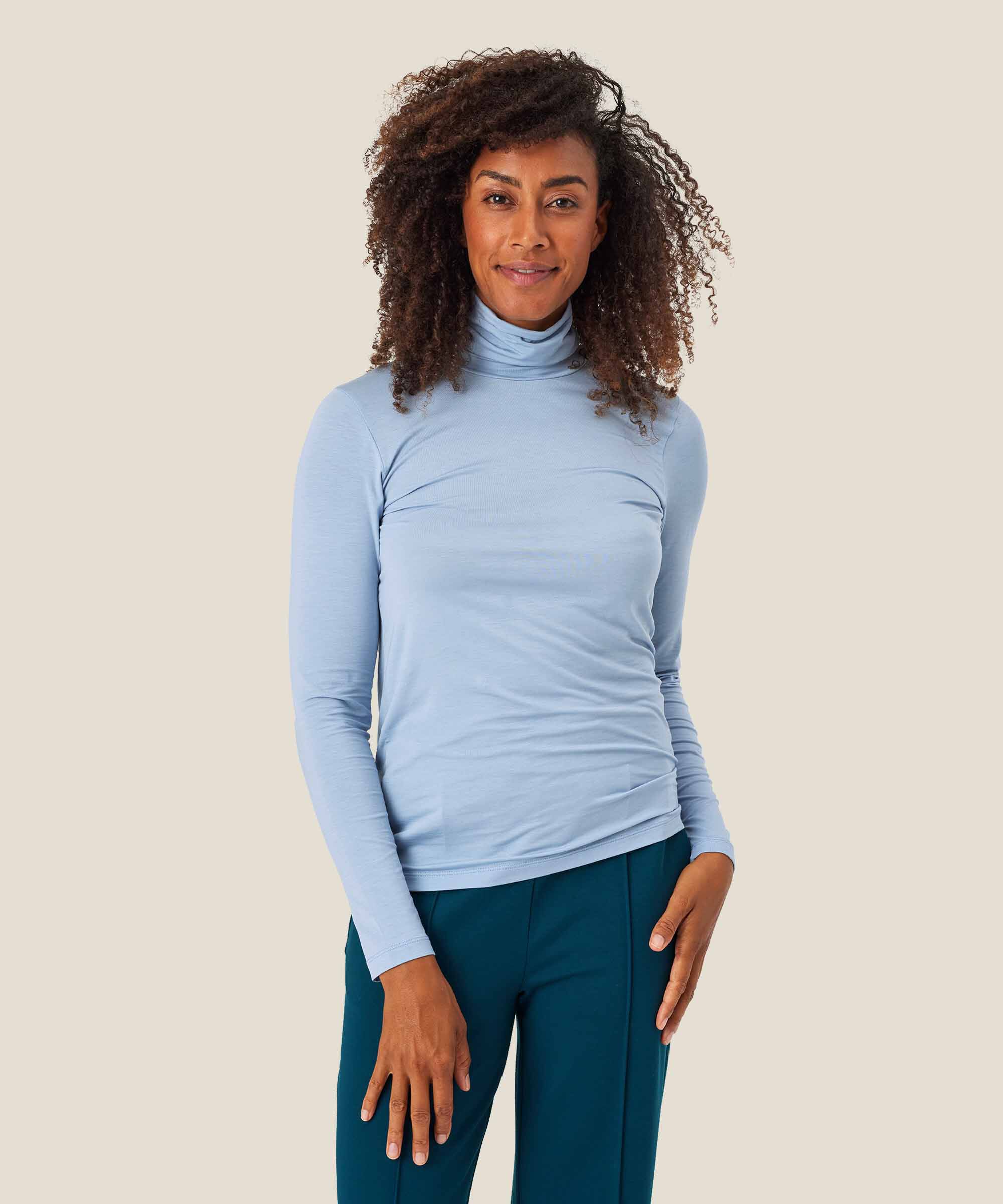Blouse À Col Roulé En Jersey Doux, Blue Fog