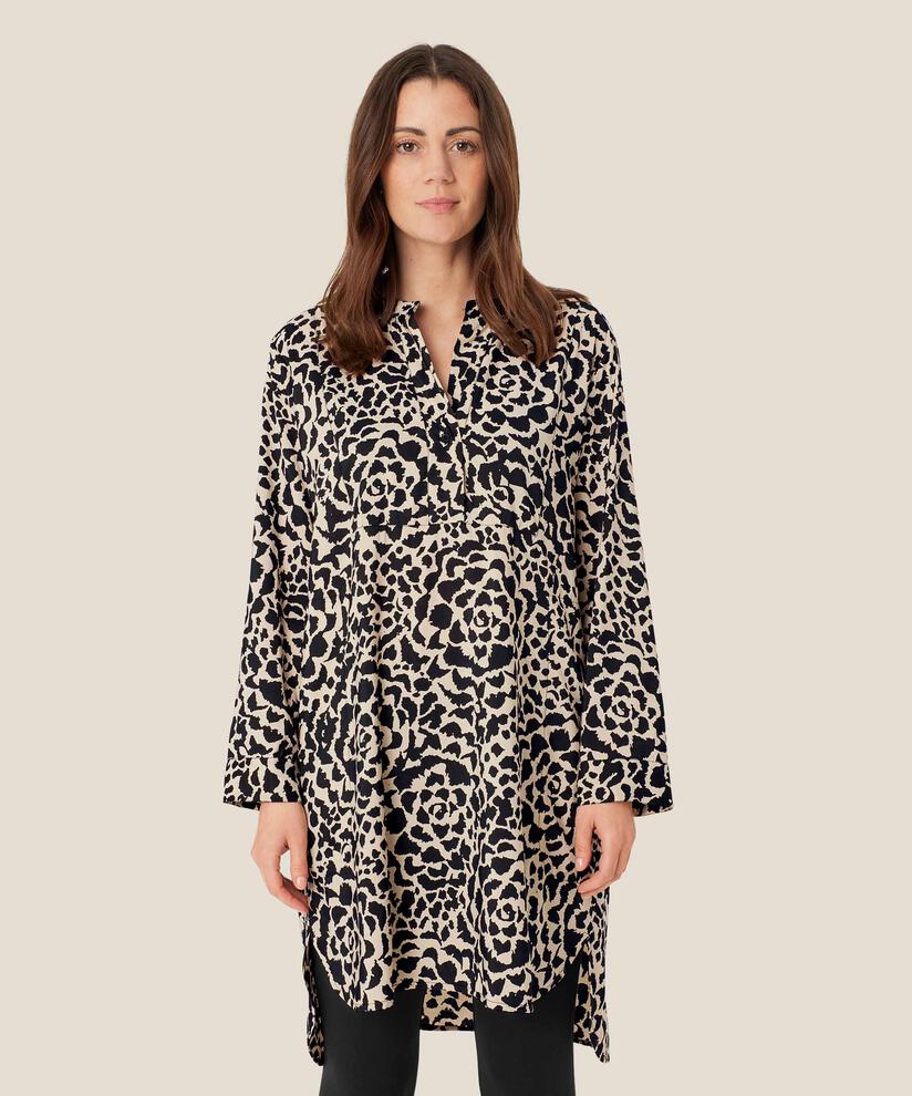 tunique en viscose à col v et manches longues, Black