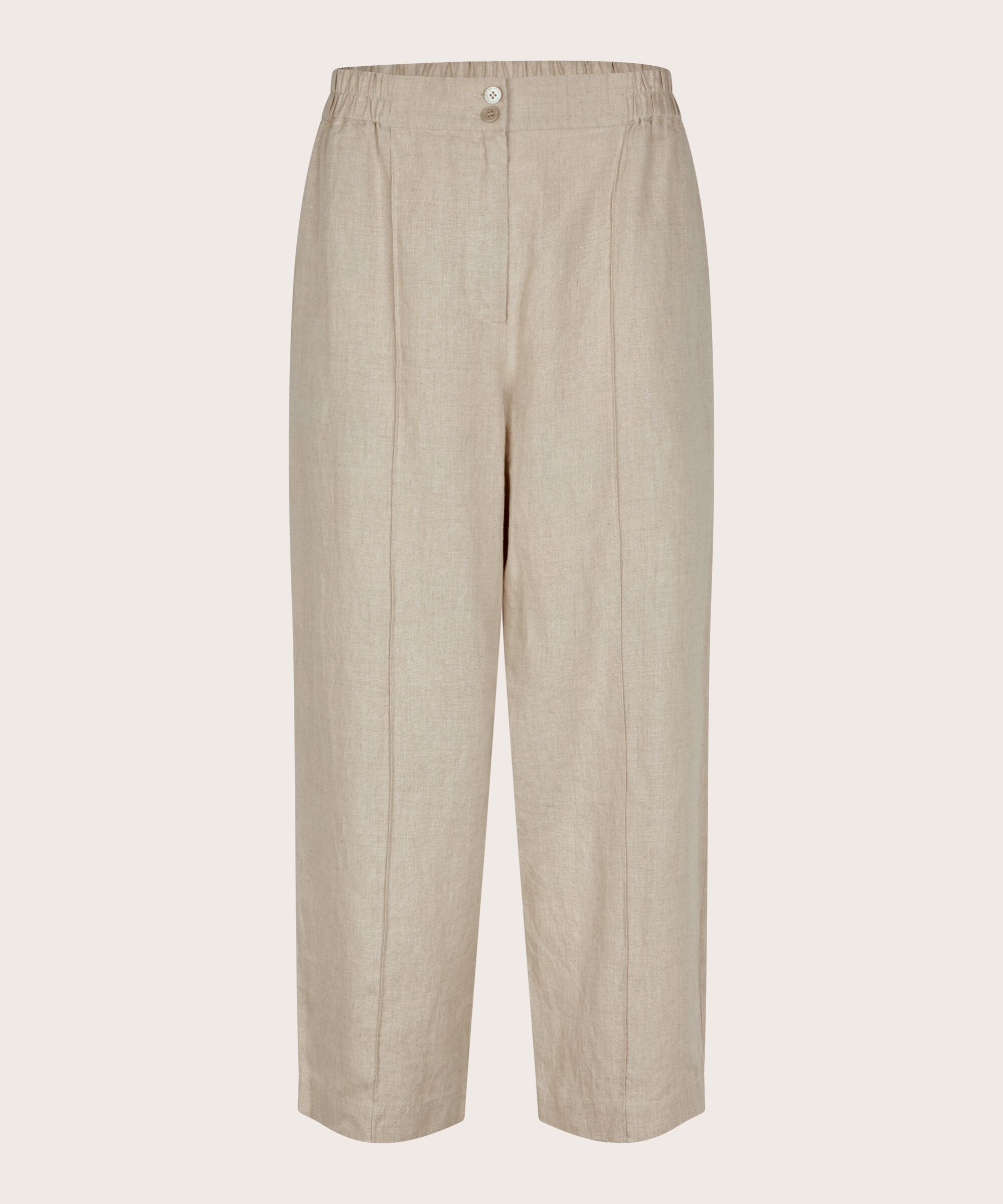 pantalon en lin avec plis cousus et taille élastiquée, Natural