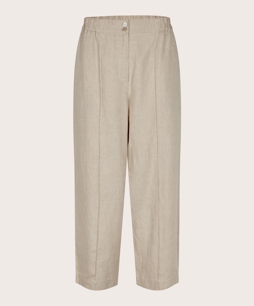 pantalon en lin avec plis cousus et taille élastiquée, Natural