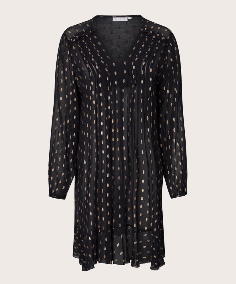 robe légèrement transparente à pois dorés et détails à volants, Black
