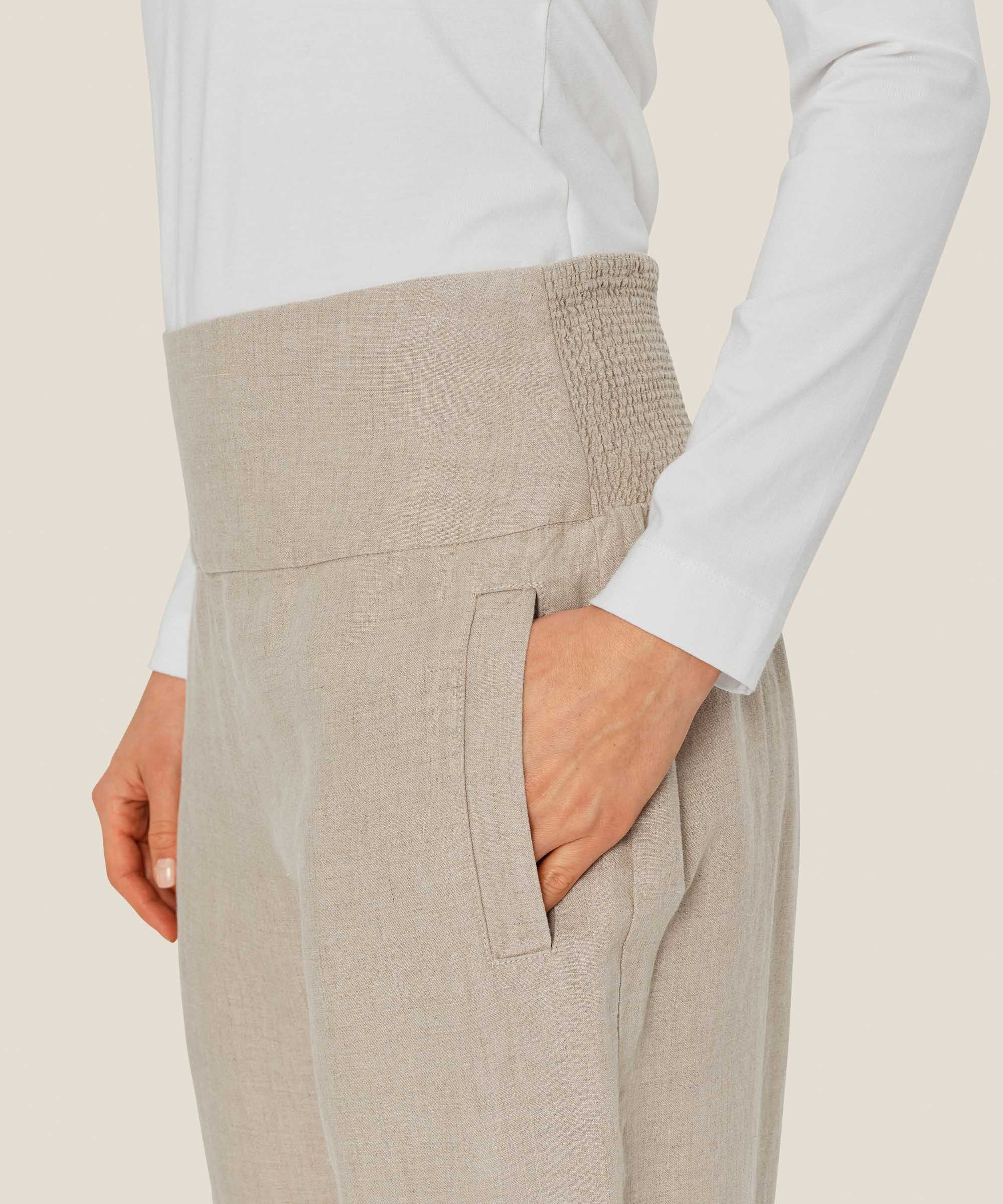 pantalon droit en lin avec smocké au dos, Natural