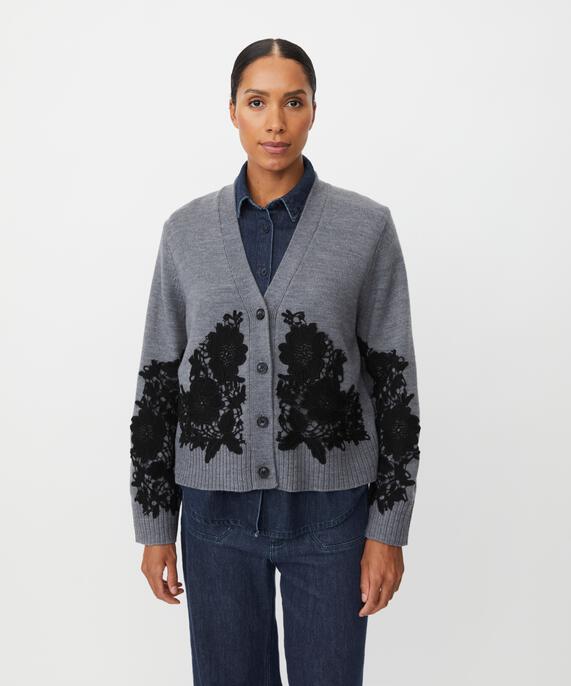 cardigan avec dentelle cousue et bords côtelés, M. Grey mel.