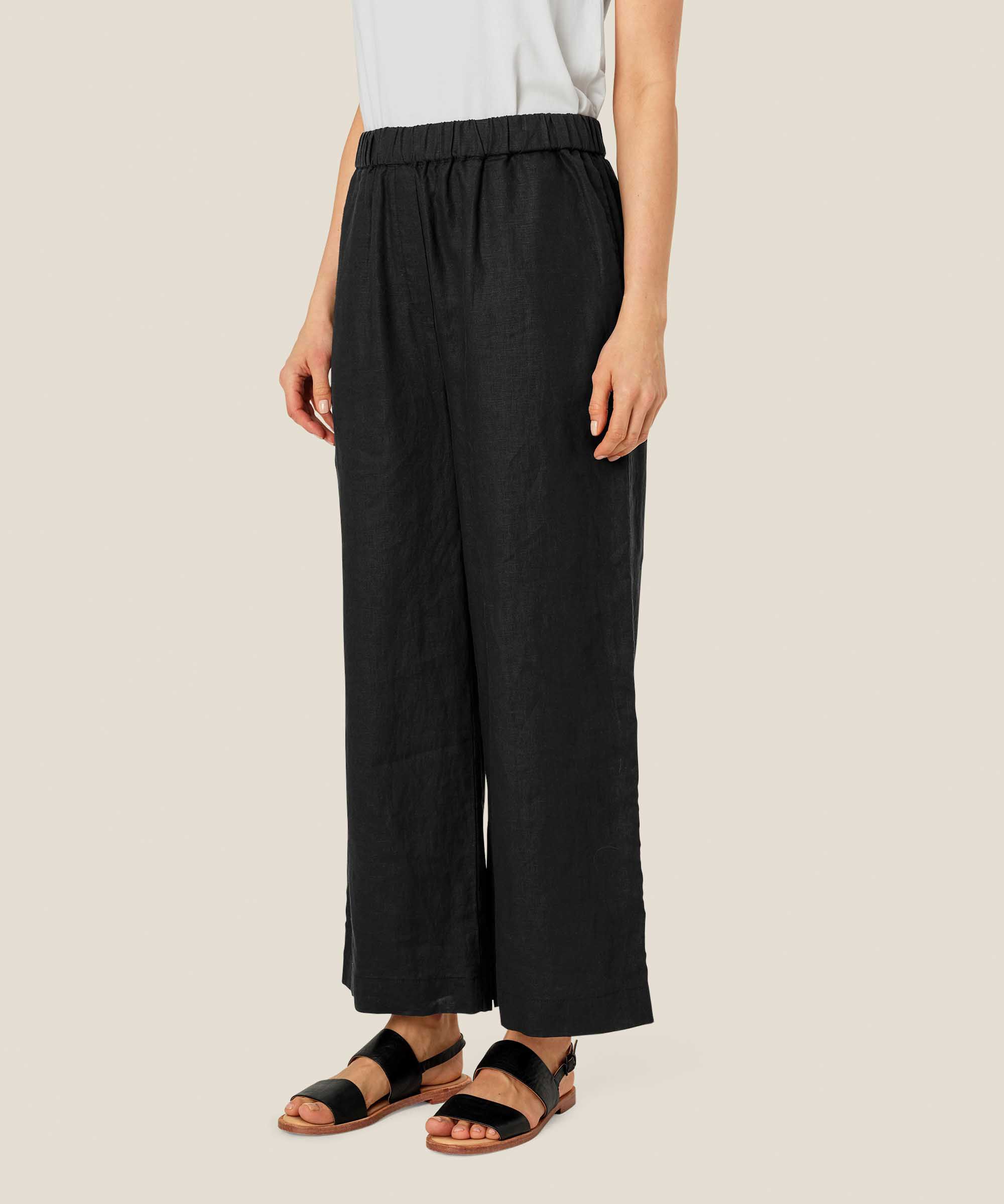 pantalon en lin à jambes larges et taille élastique, Black