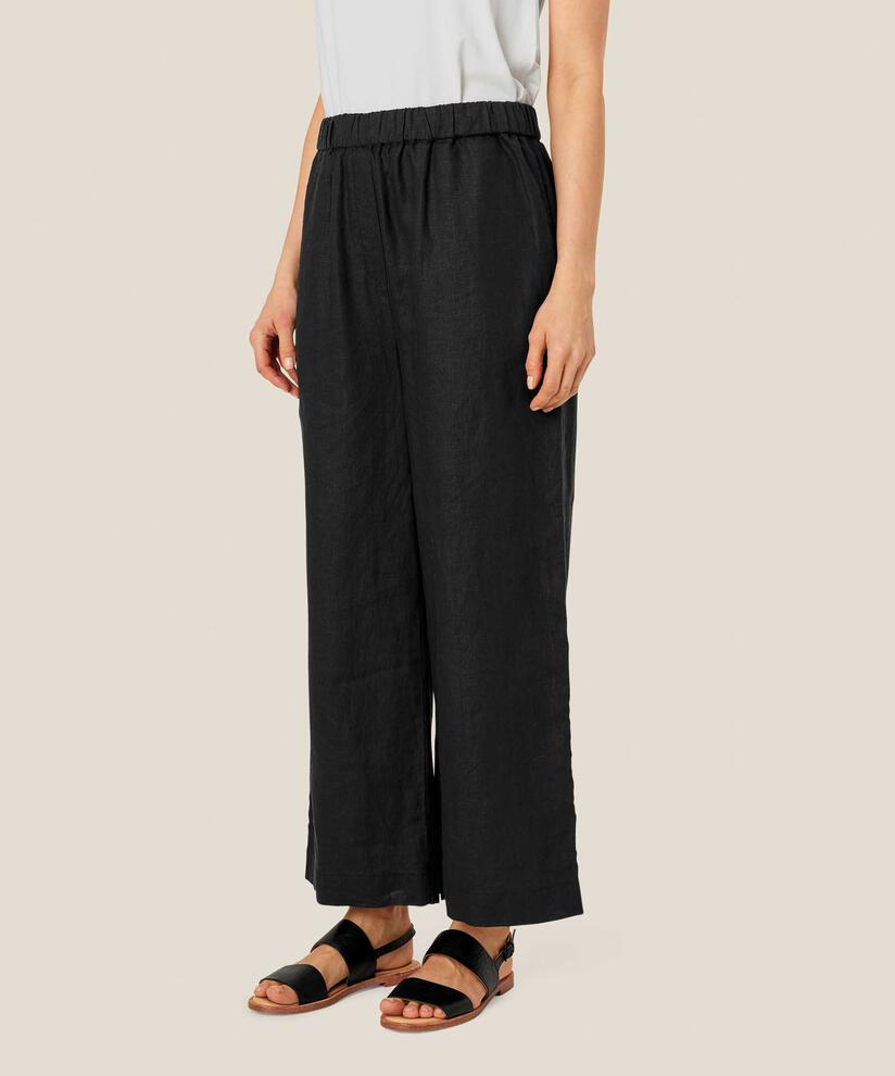 pantalon en lin à jambes larges et taille élastique, Black