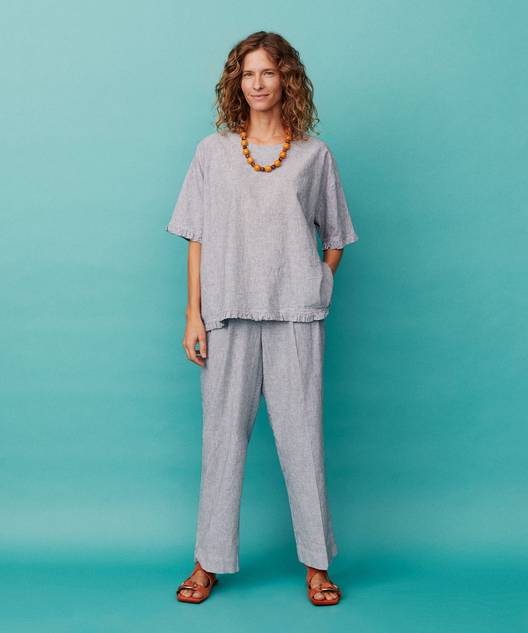 pantalon rayé en mélange de lin avec élastique au dos, Black