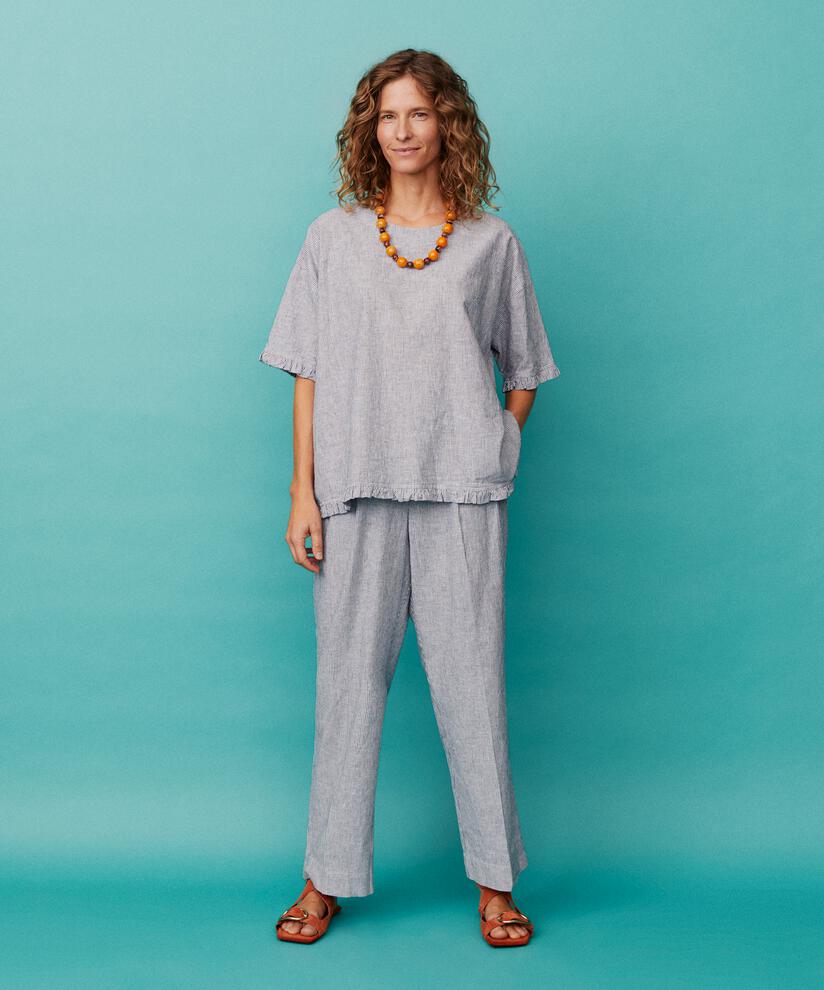 pantalon rayé en mélange de lin avec élastique au dos, Black