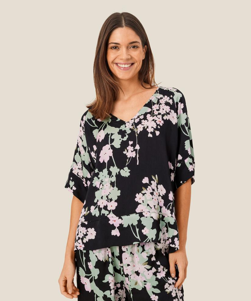 top fleuri en viscose à manches courtes, Pink Lady