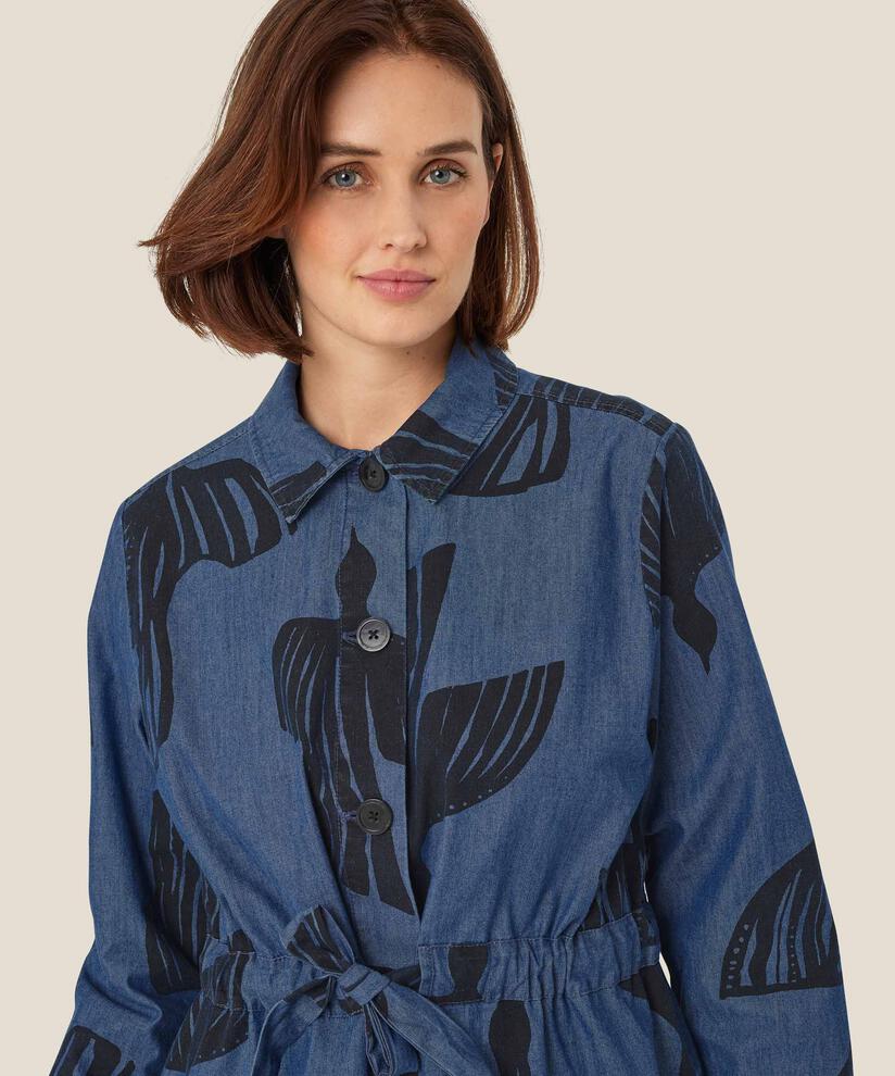 veste en jean imprimée avec lien à la taille, Dark Denim