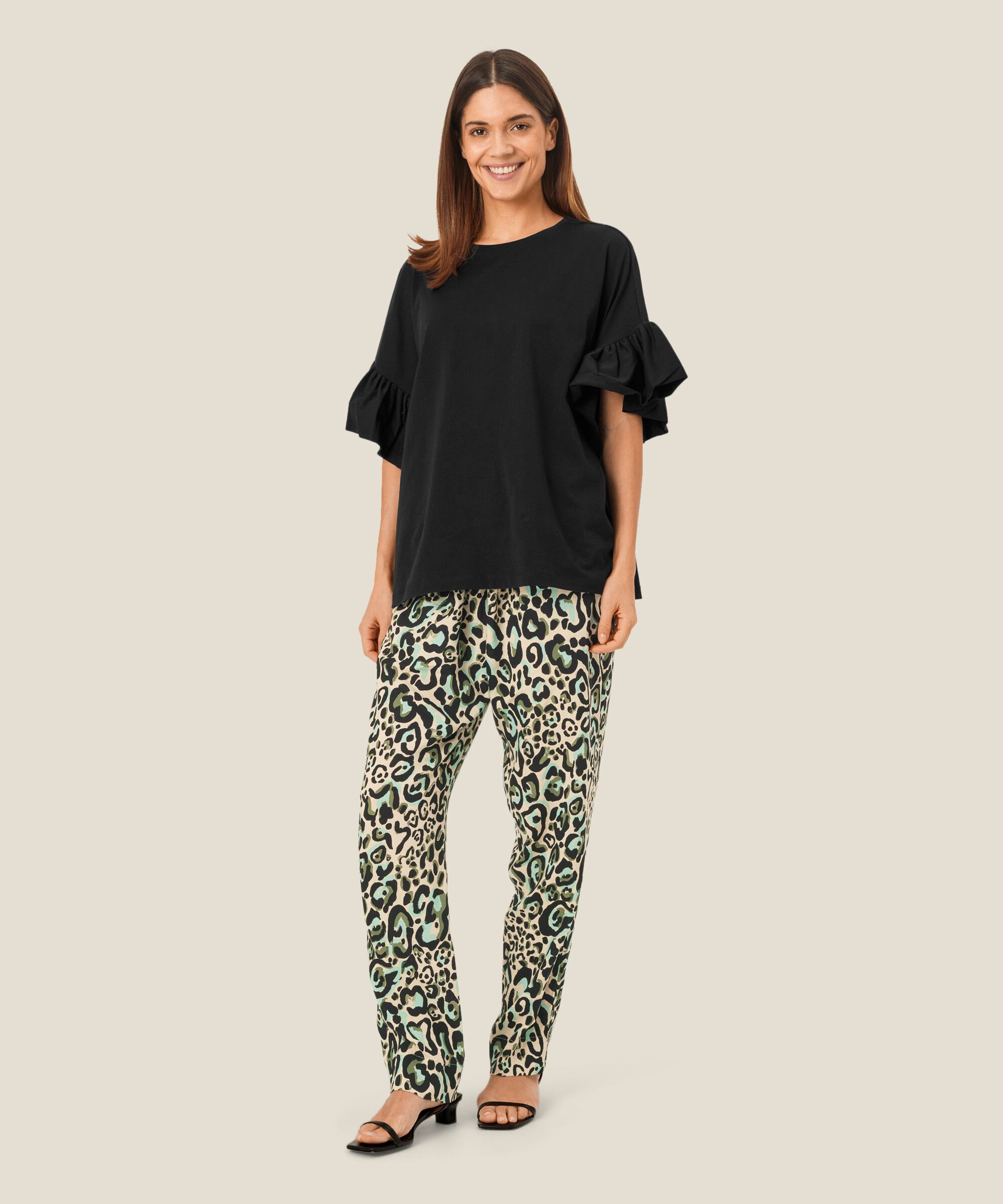 pantalon en viscose imprimé avec taille élastique, D. Lichen Green