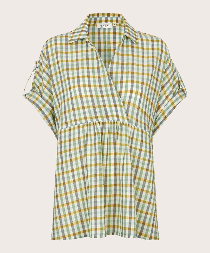 Blouse en coton à carreaux effet cache-cœur, D. Grass Green