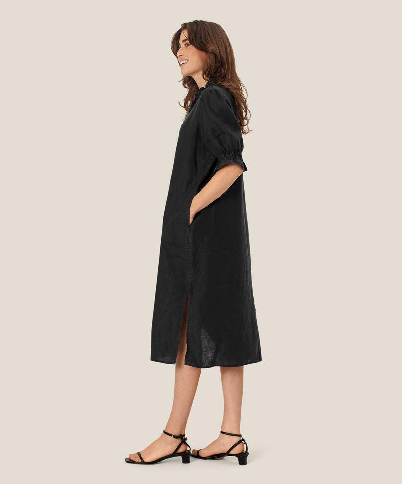 robe en lin à manches courtes et décolleté à volants, Black