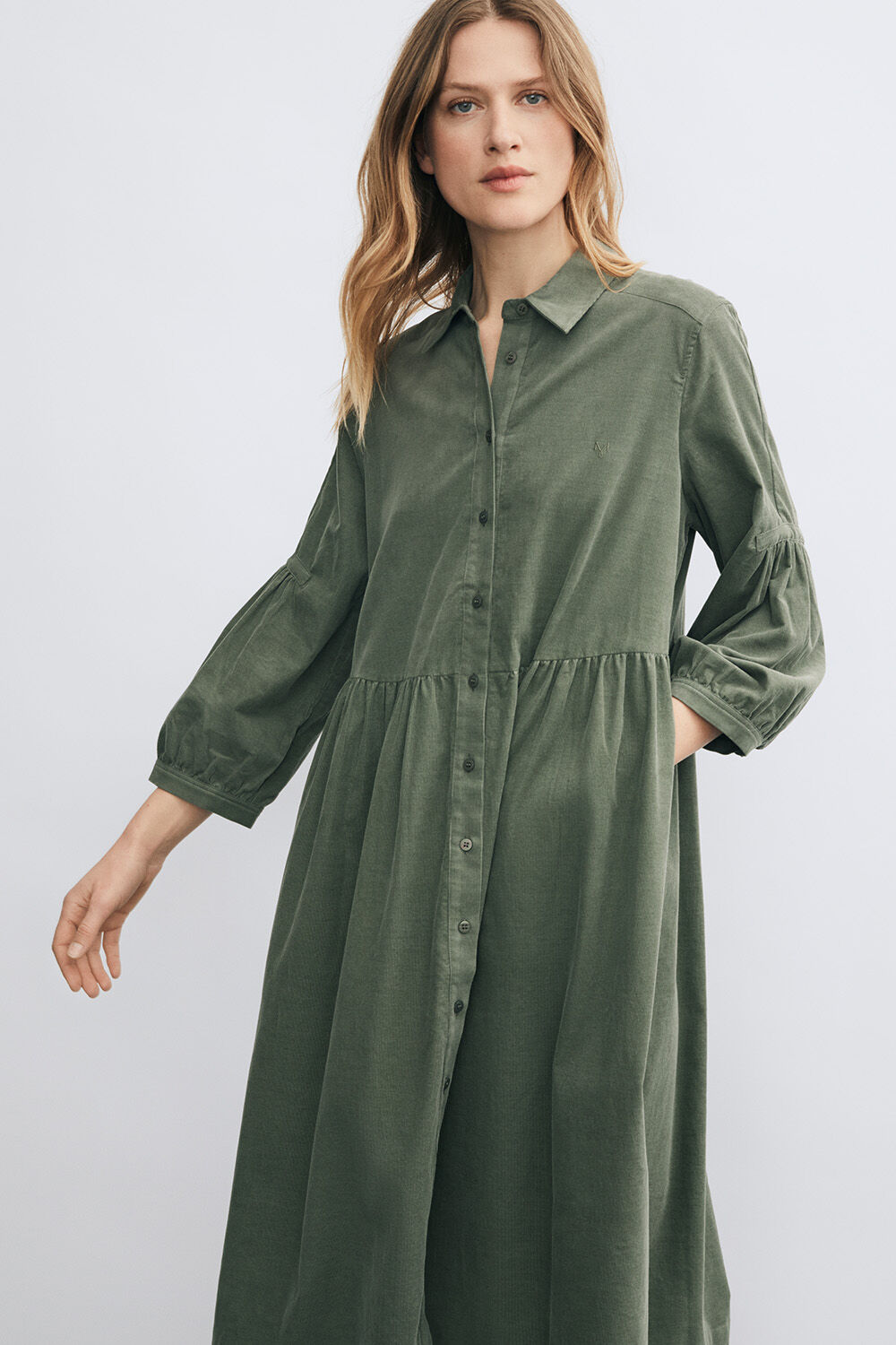 Robe-chemisier en babycord &agrave; manches 3/4 - Agave Green