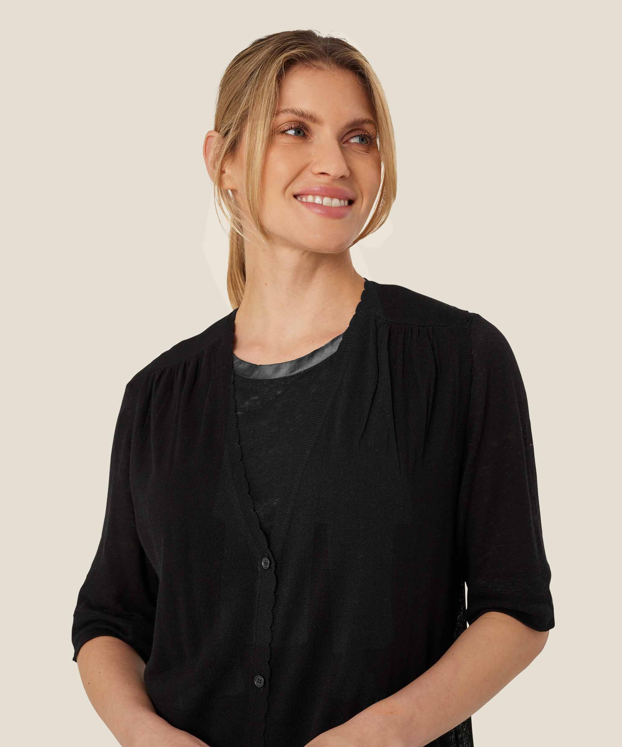 cardigan long tricoté en mélange de lin, Black