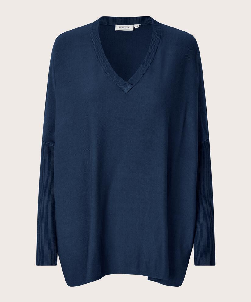 Pull En Maille Avec Col En V Et Manches Étroites, Navy Blazer