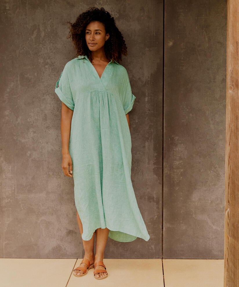 robe longue en lin avec col et fente latérale, Green Spruce
