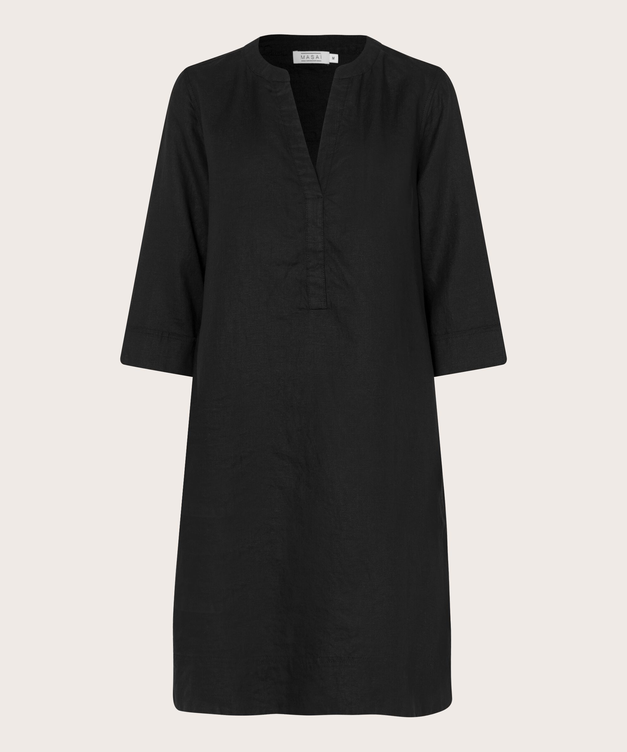 robe en lin avec col en V et poches fendues, Black