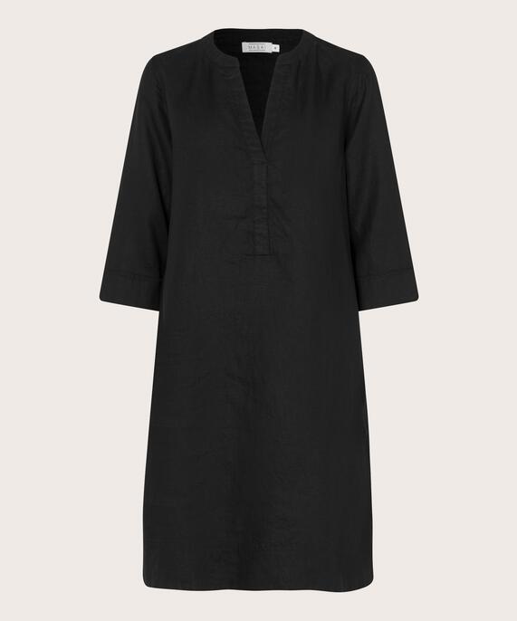 robe en lin avec col en V et poches fendues, Black