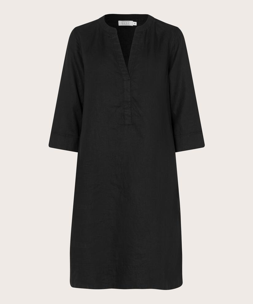 robe en lin avec col en V et poches fendues, Black