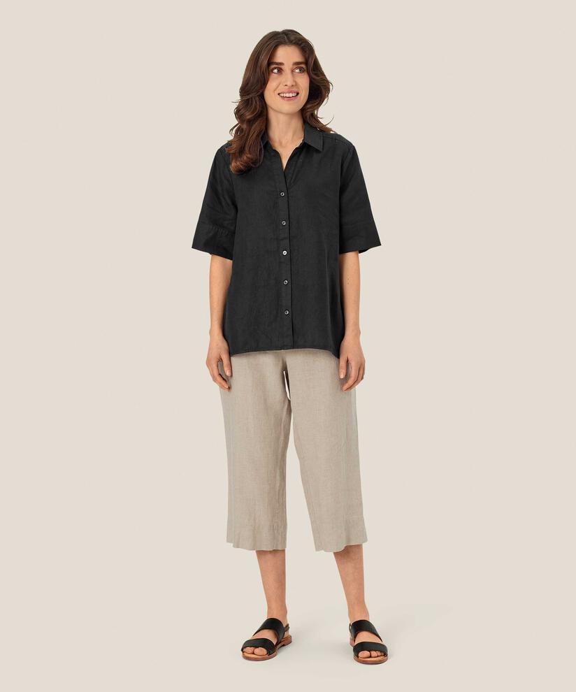 chemise en lin à manches courtes et col en V, Black