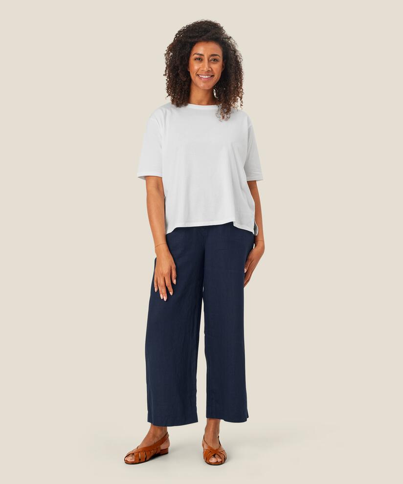 pantalon en lin à jambes larges et taille élastique, Navy