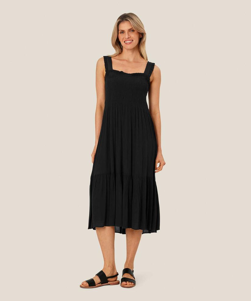 robe en viscose à bretelles et smocks sur la poitrine, Black
