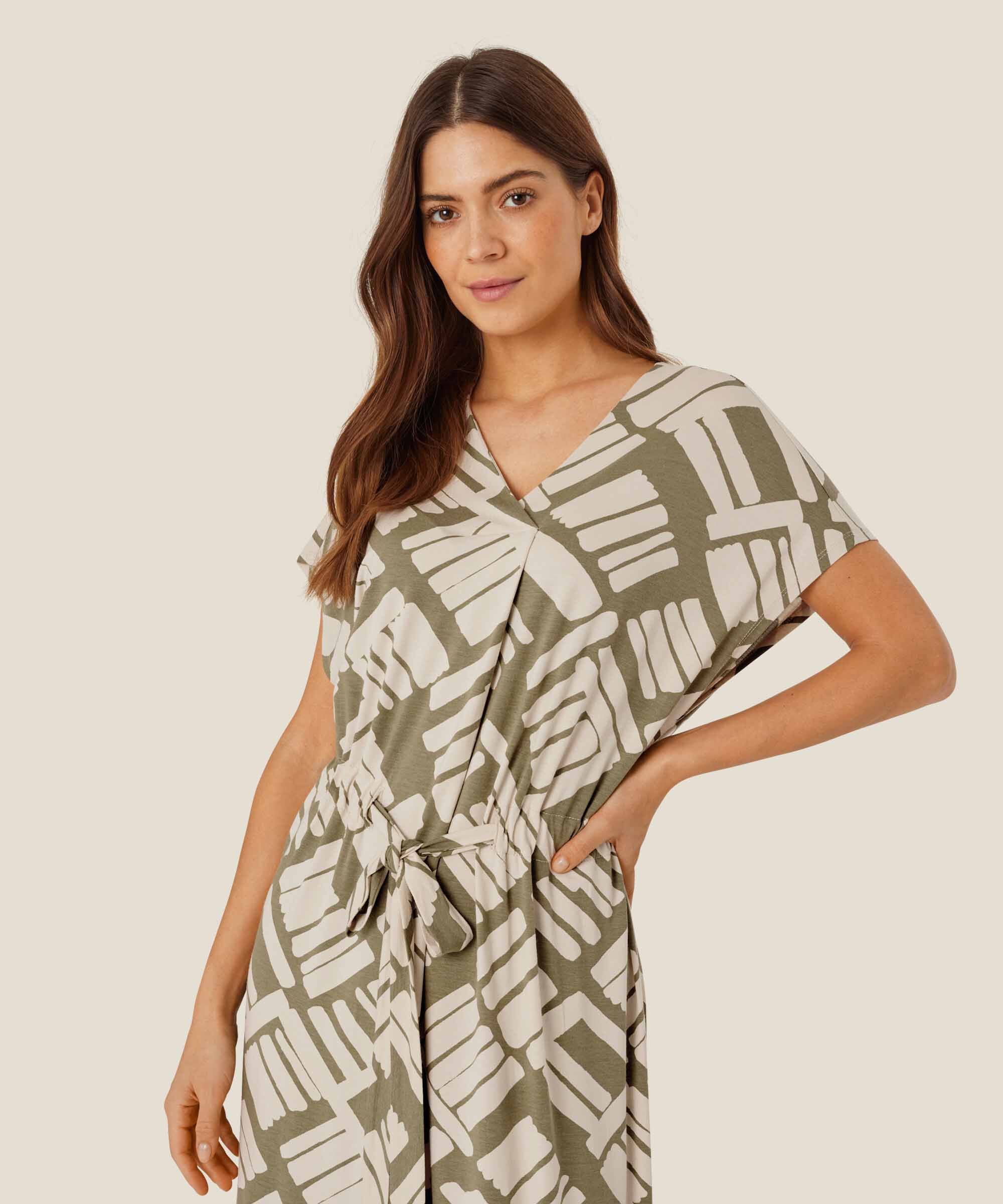 robe en jersey imprimé avec lien à la taille, Dusky Green