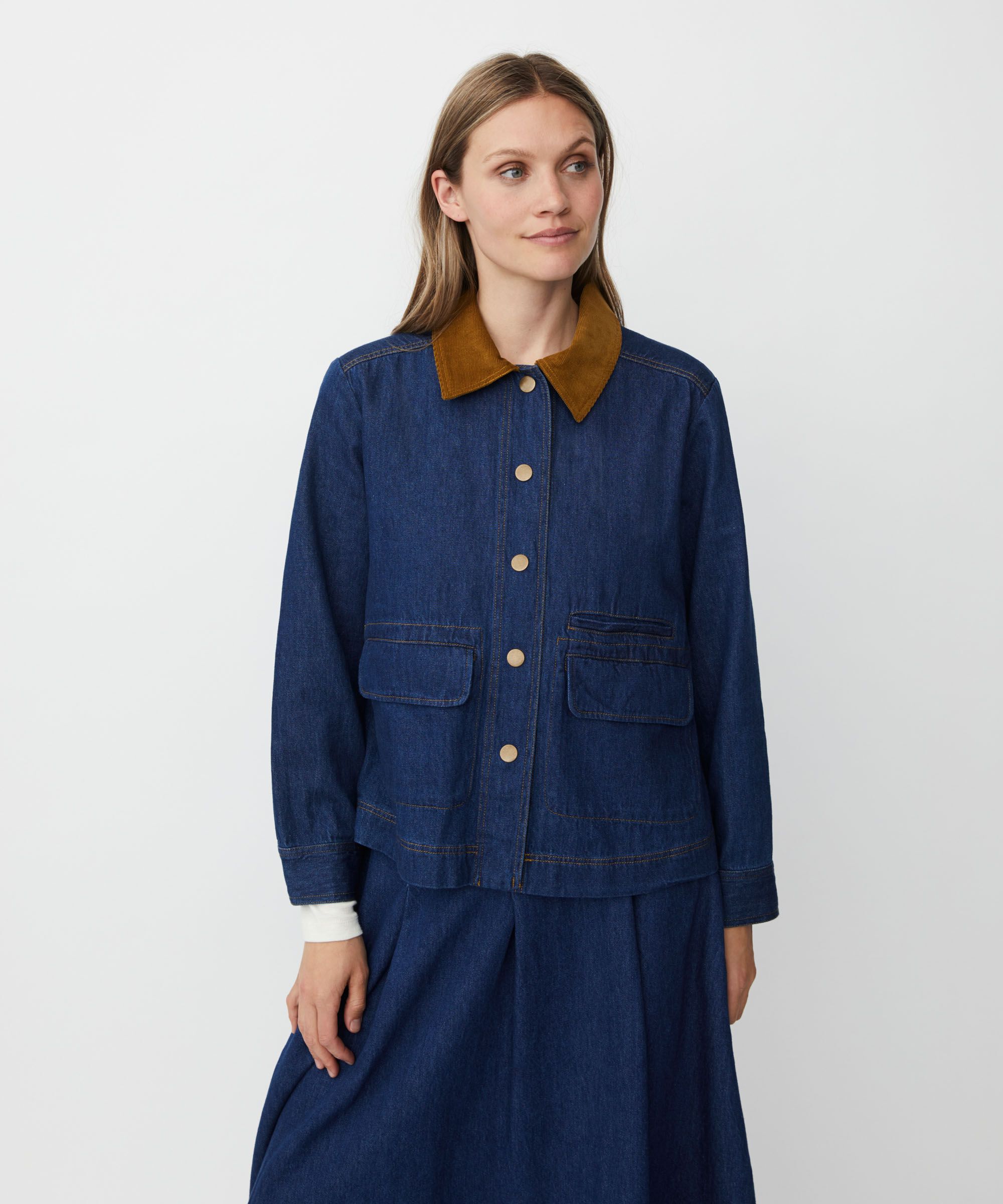 veste en jean avec col en velours et poches avant, Dark Denim