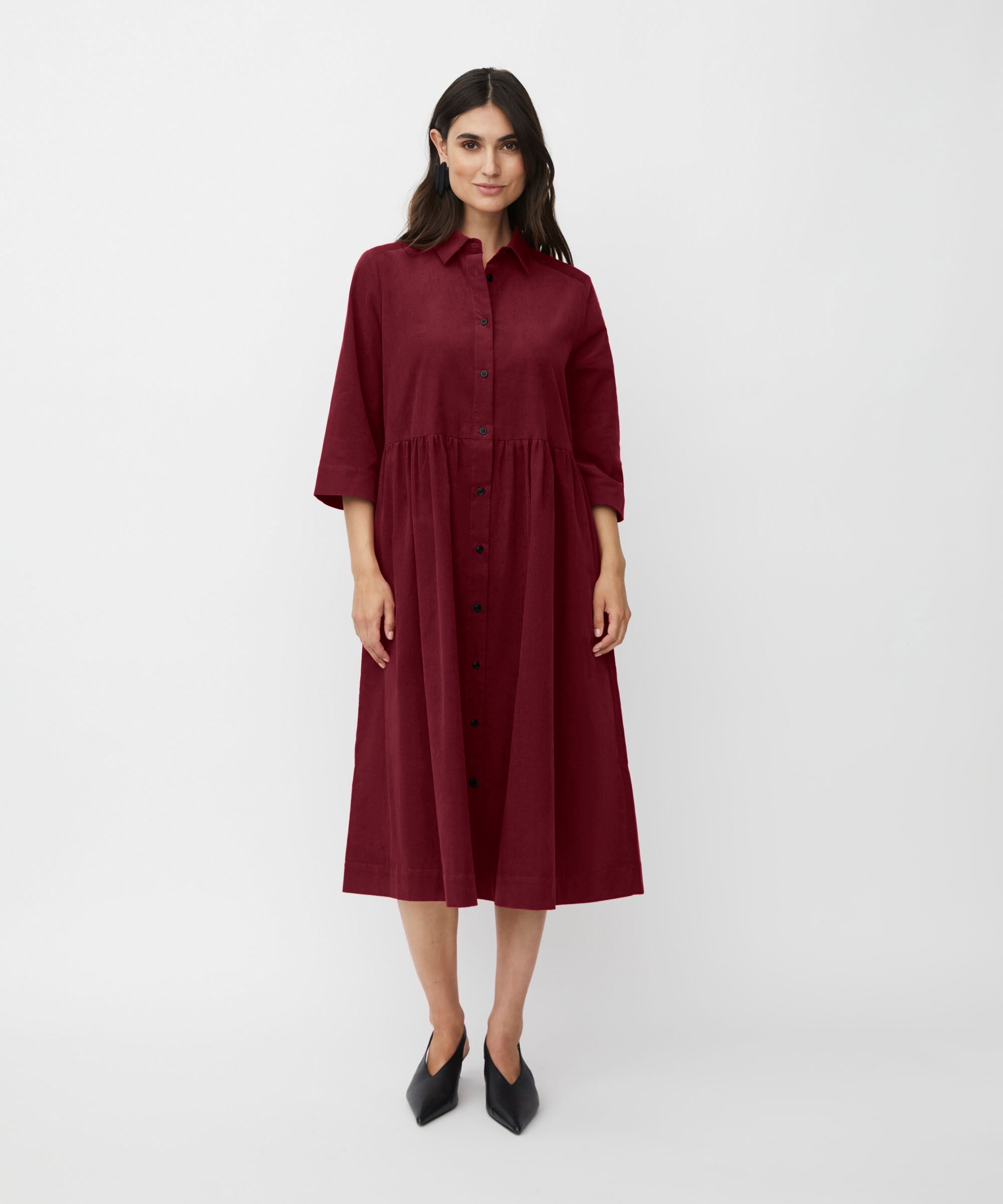 Robe Chemise En Velours À Manches 3/4, Tawny Port
