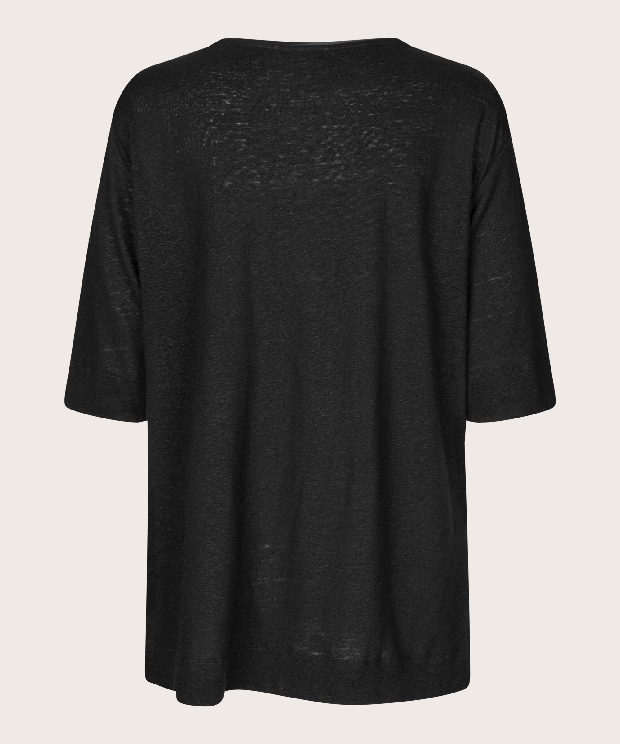 top en lin mélangé avec col rond et manches 1/2, Black