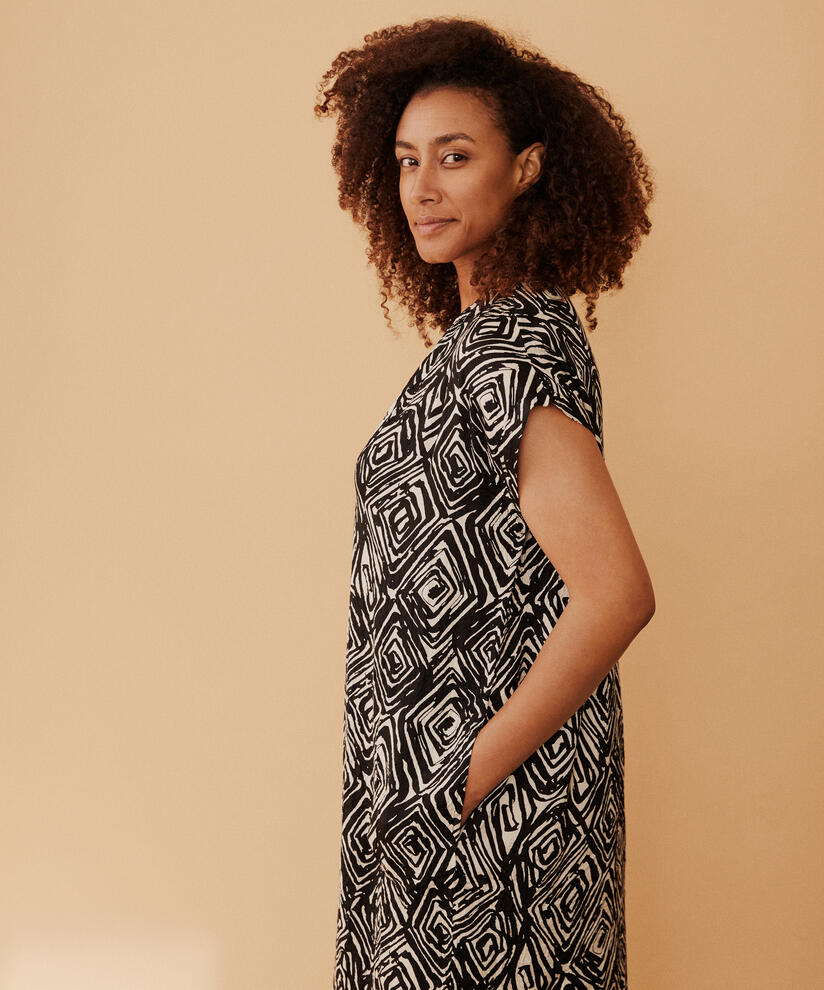 robe en viscose imprimée avec décolleté en V profond, Black