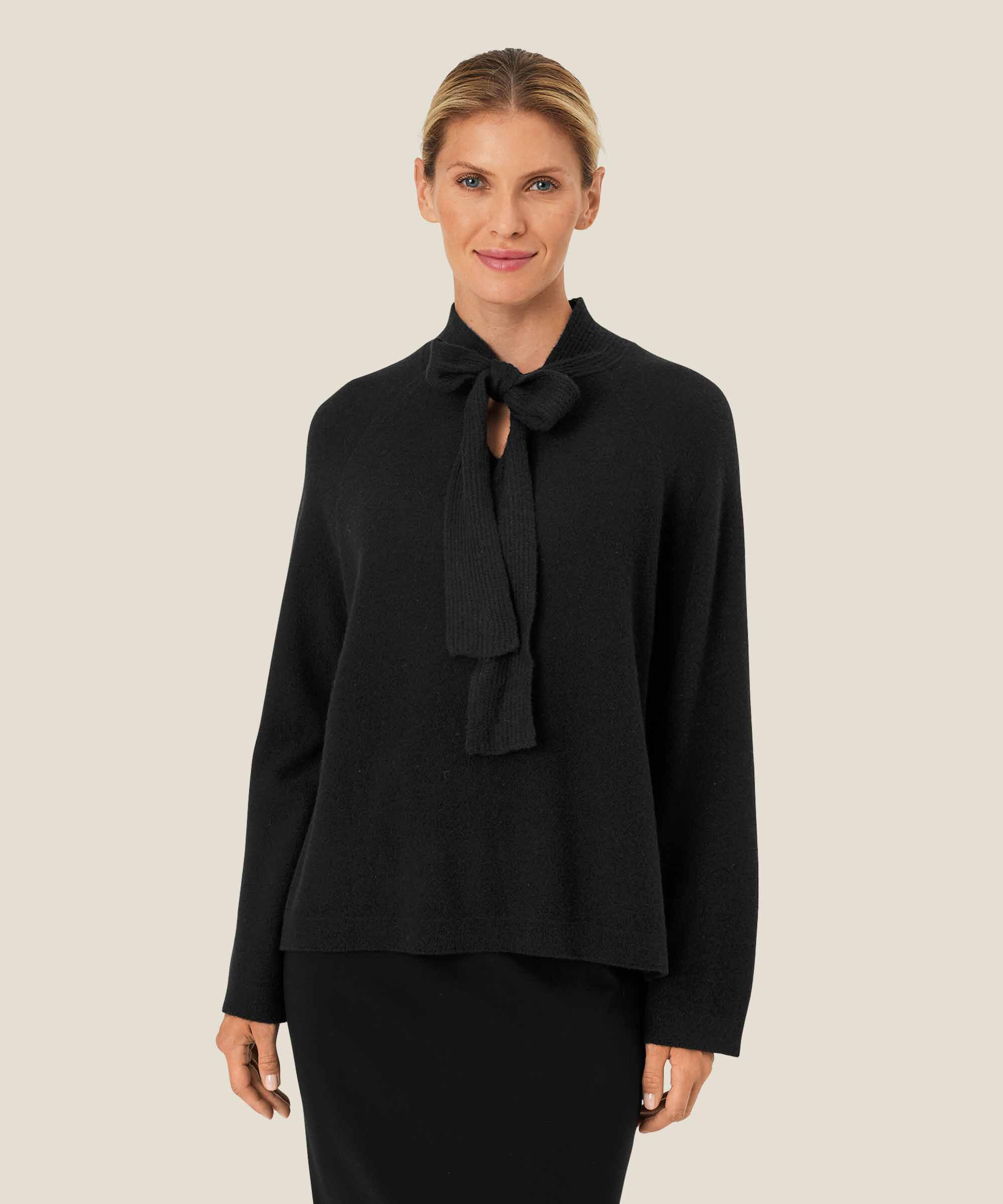 blouse en maille de laine avec liens au cou, Black