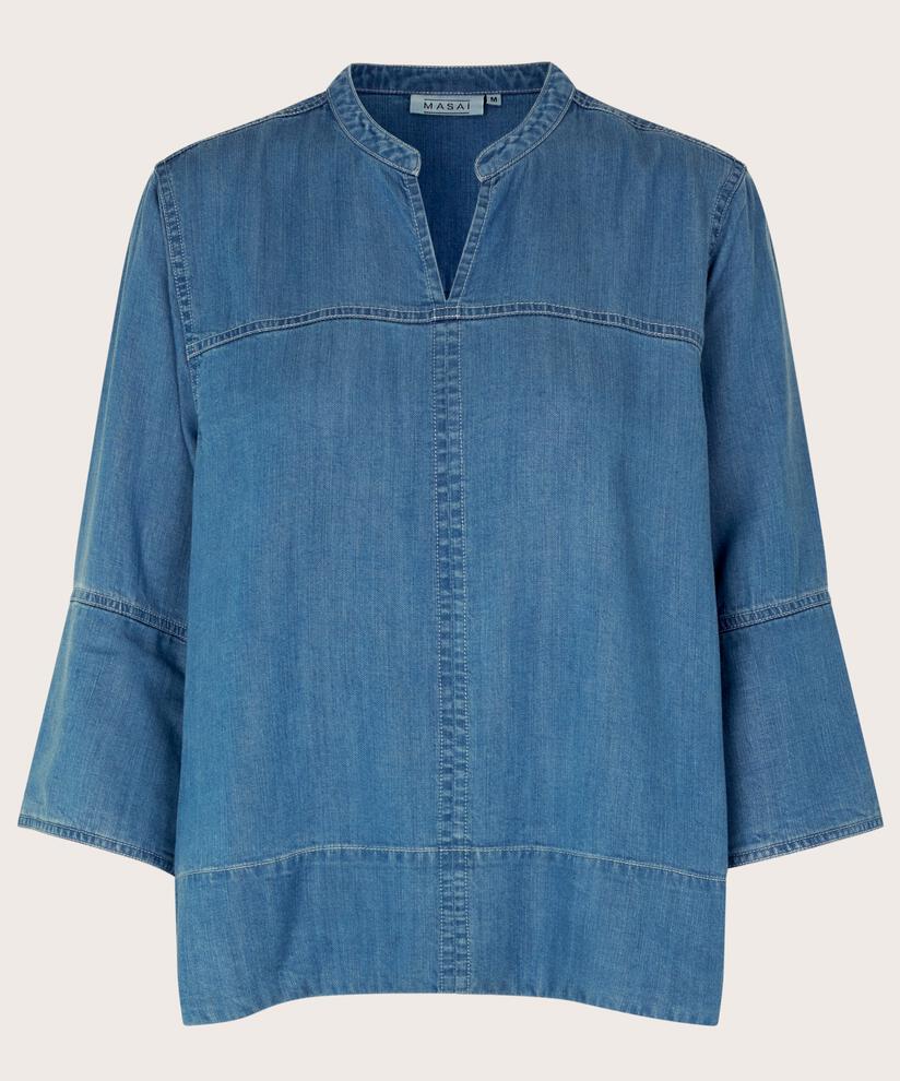 Blouse en jean à manches 3/4 et coutures décoratives, Light Denim