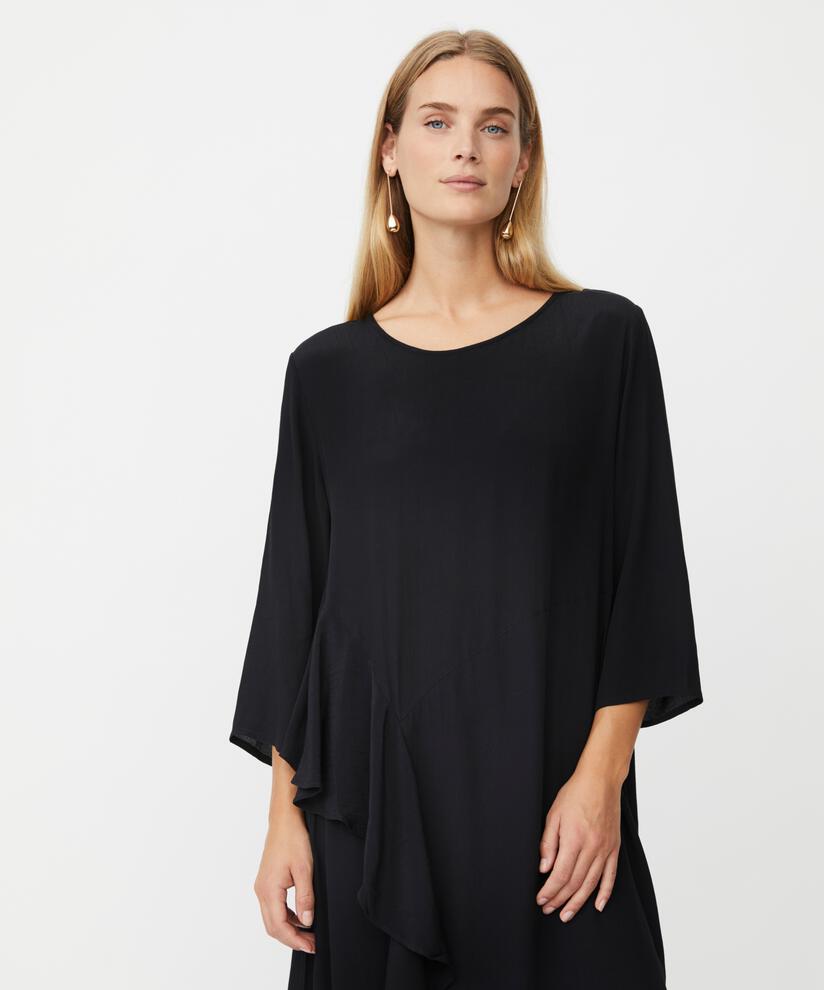 robe en viscose à col rond et volants, Black
