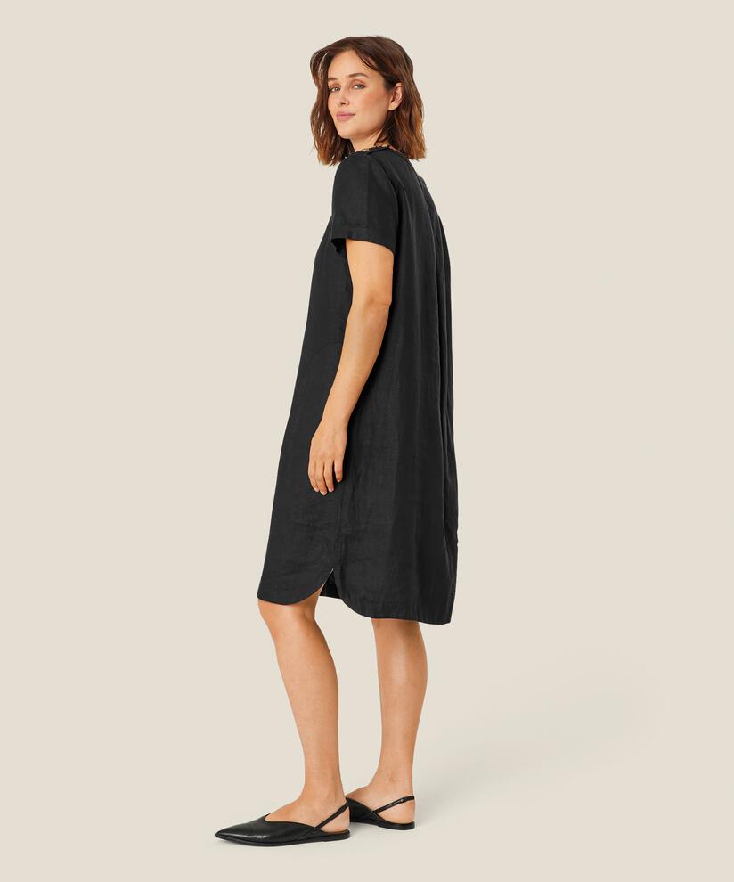 robe à manches courtes en lin avec bouton, Black