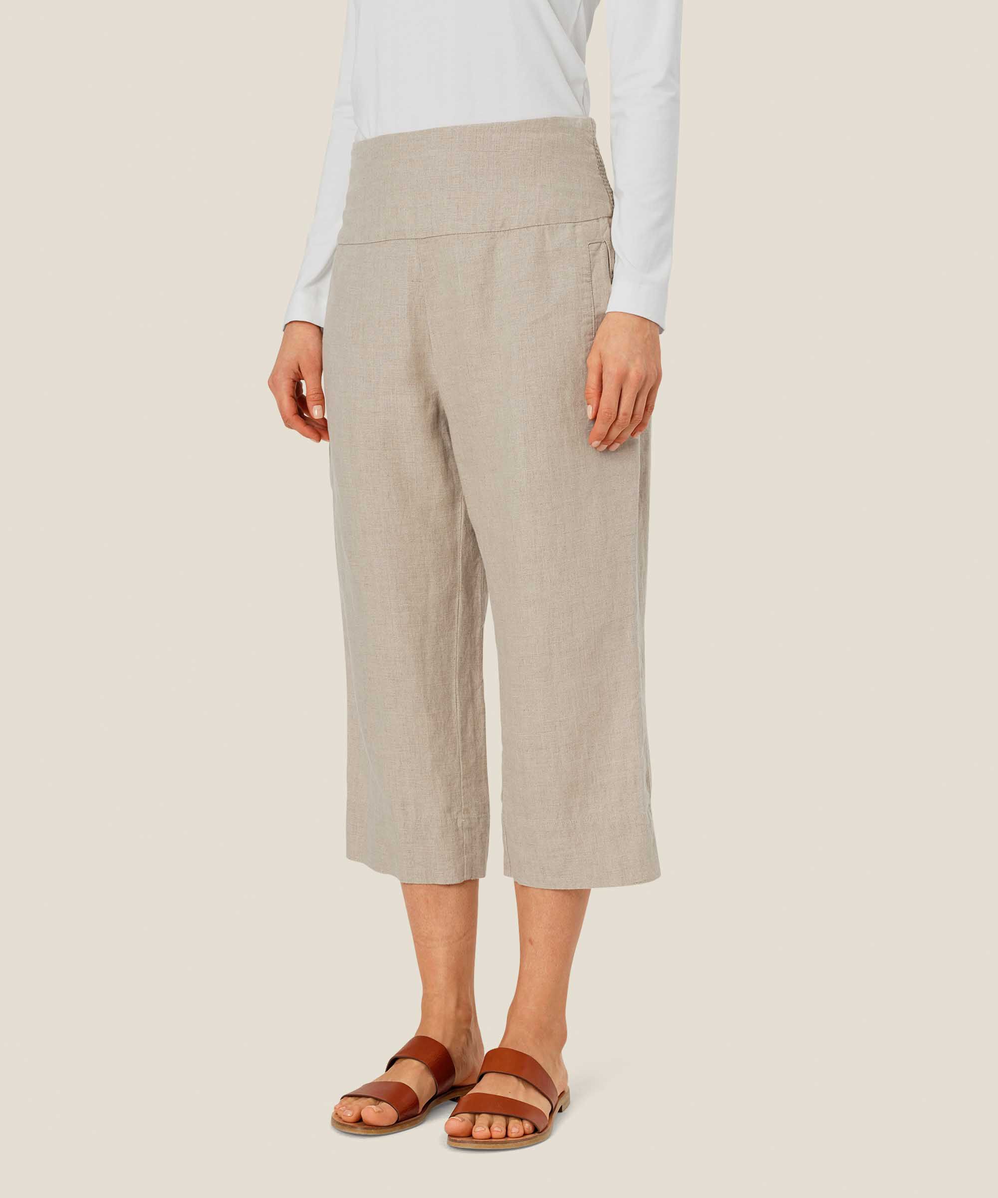 pantalon droit en lin avec smocké au dos, Natural