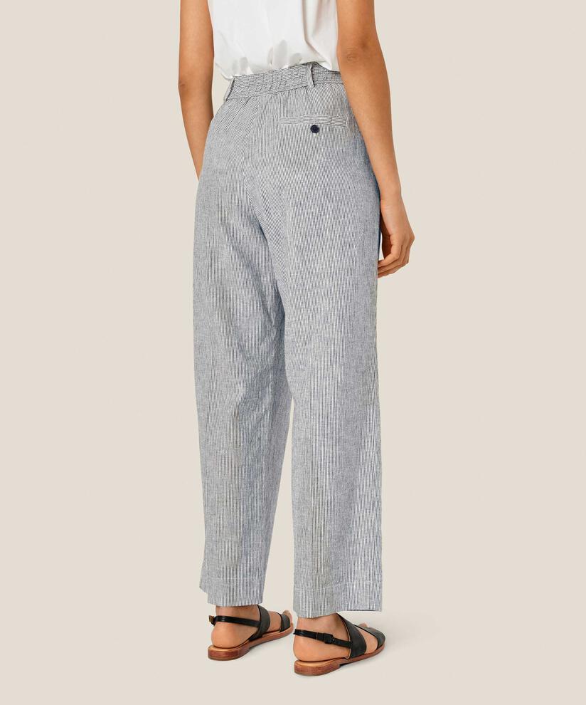 pantalon rayé en mélange de lin avec élastique au dos, Black