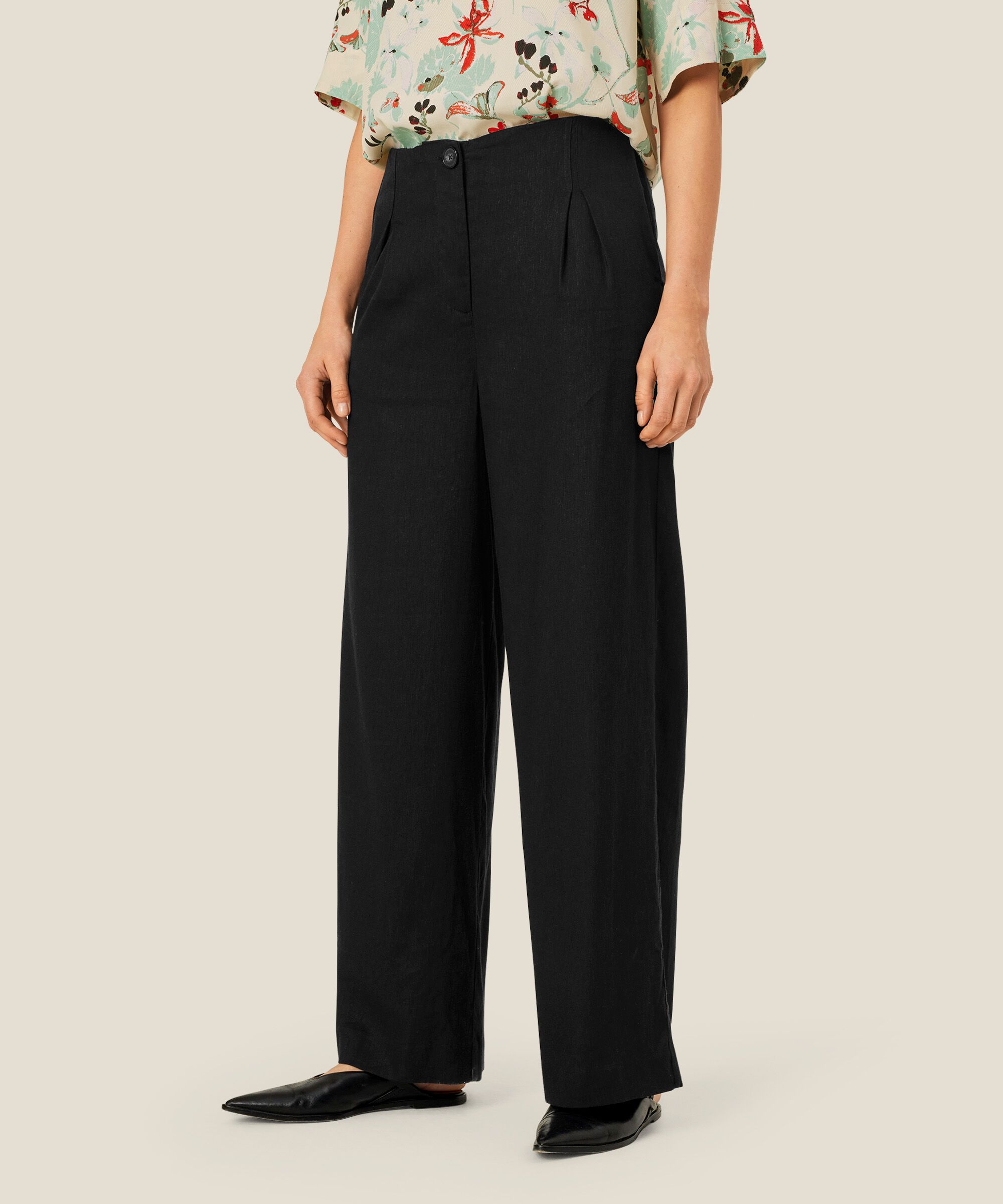 Pantalon en lin mélangé avec jambes larges et poches fendues, Black