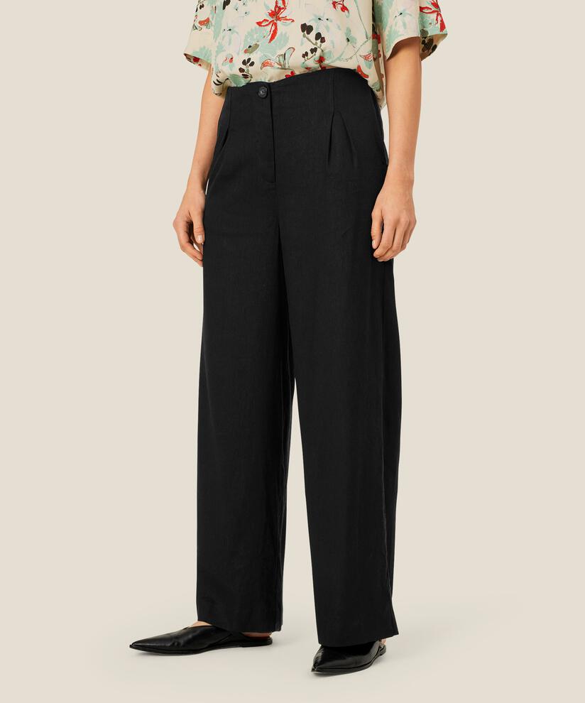 Pantalon en lin mélangé avec jambes larges et poches fendues, Black