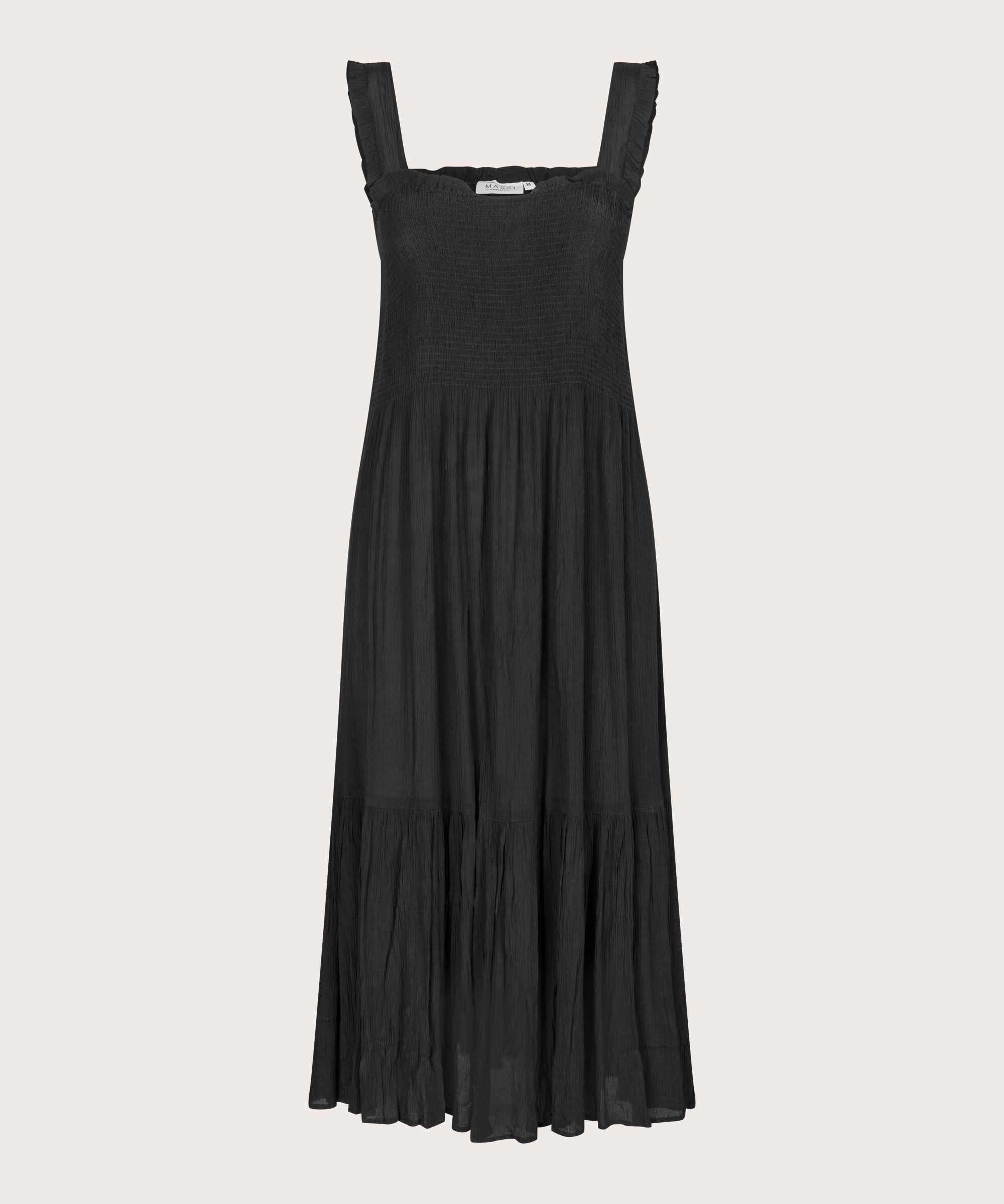robe en viscose à bretelles et smocks sur la poitrine, Black