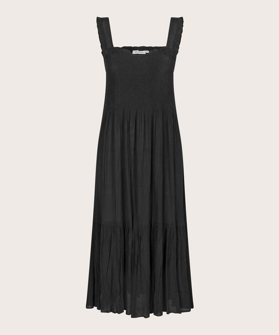 robe en viscose à bretelles et smocks sur la poitrine, Black