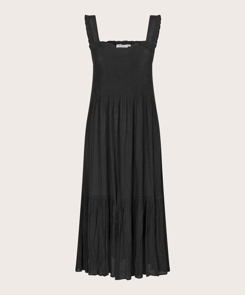 robe en viscose à bretelles et smocks sur la poitrine, Black