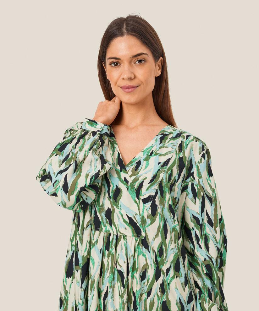 Robe imprimée en viscose mélangée avec col en V et plis au dos, D. Lichen Green