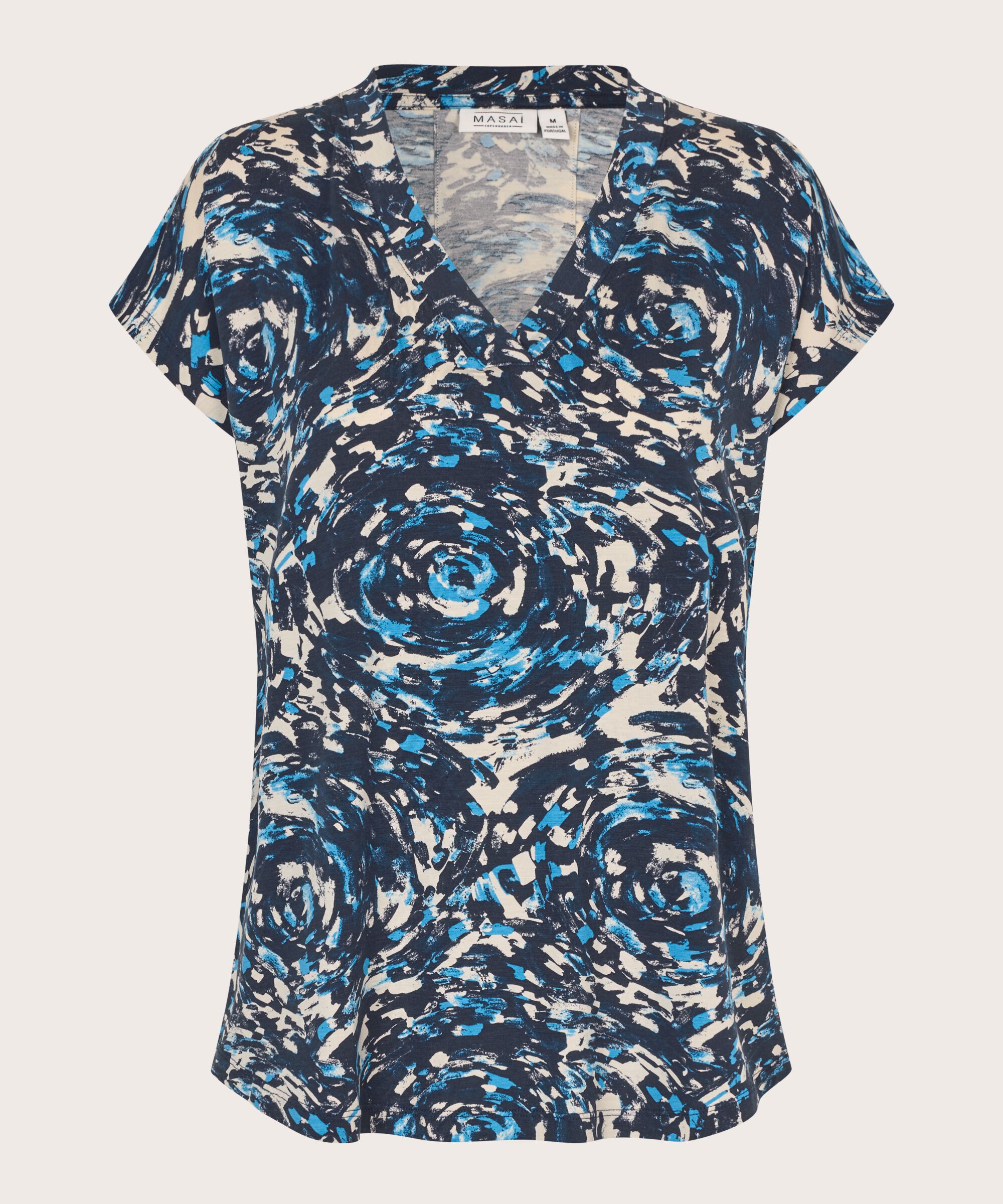 T-shirt Imprimé À Col En V, Cendre Blue