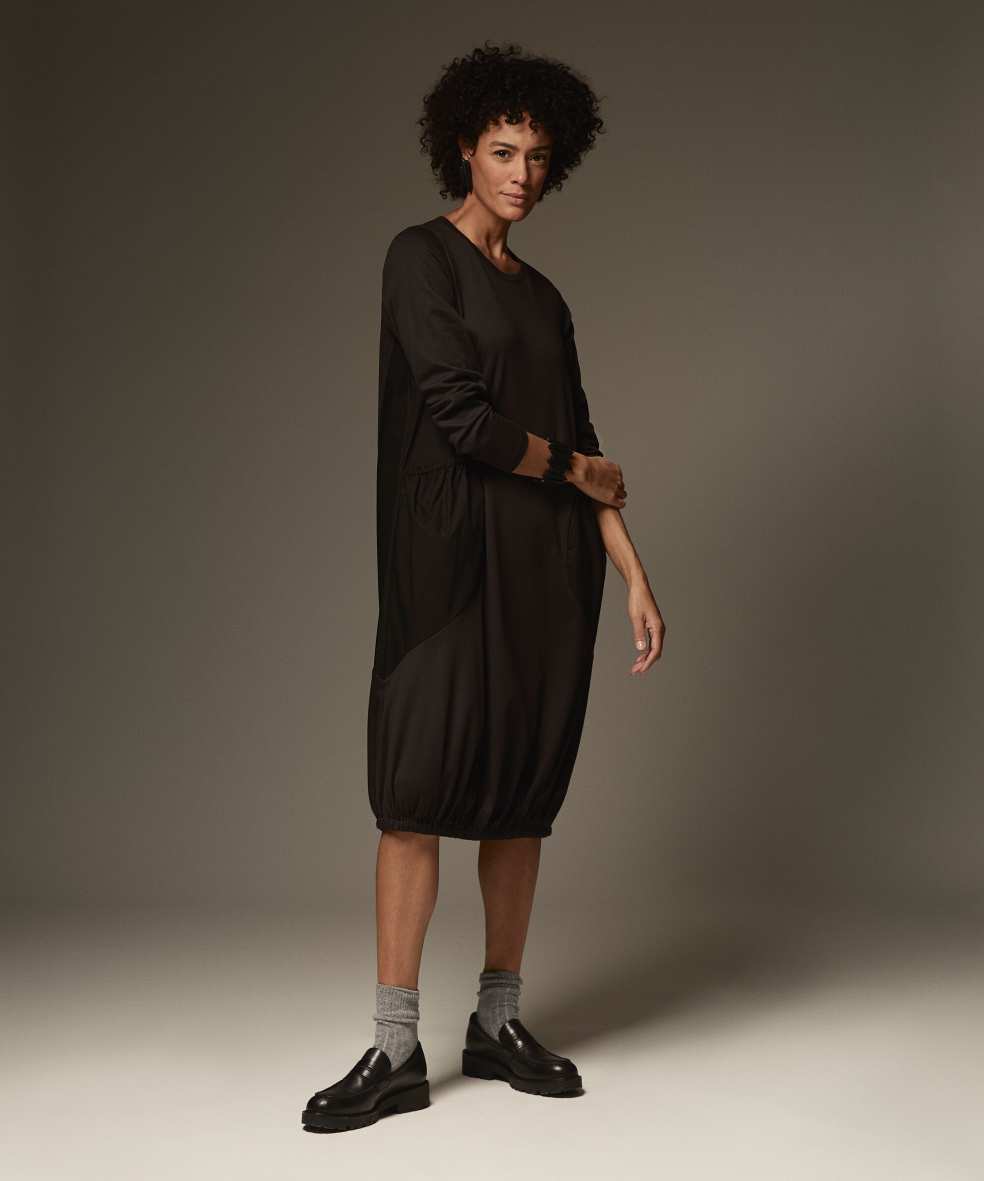 robe à manches longues en jersey et popeline de coton, Black