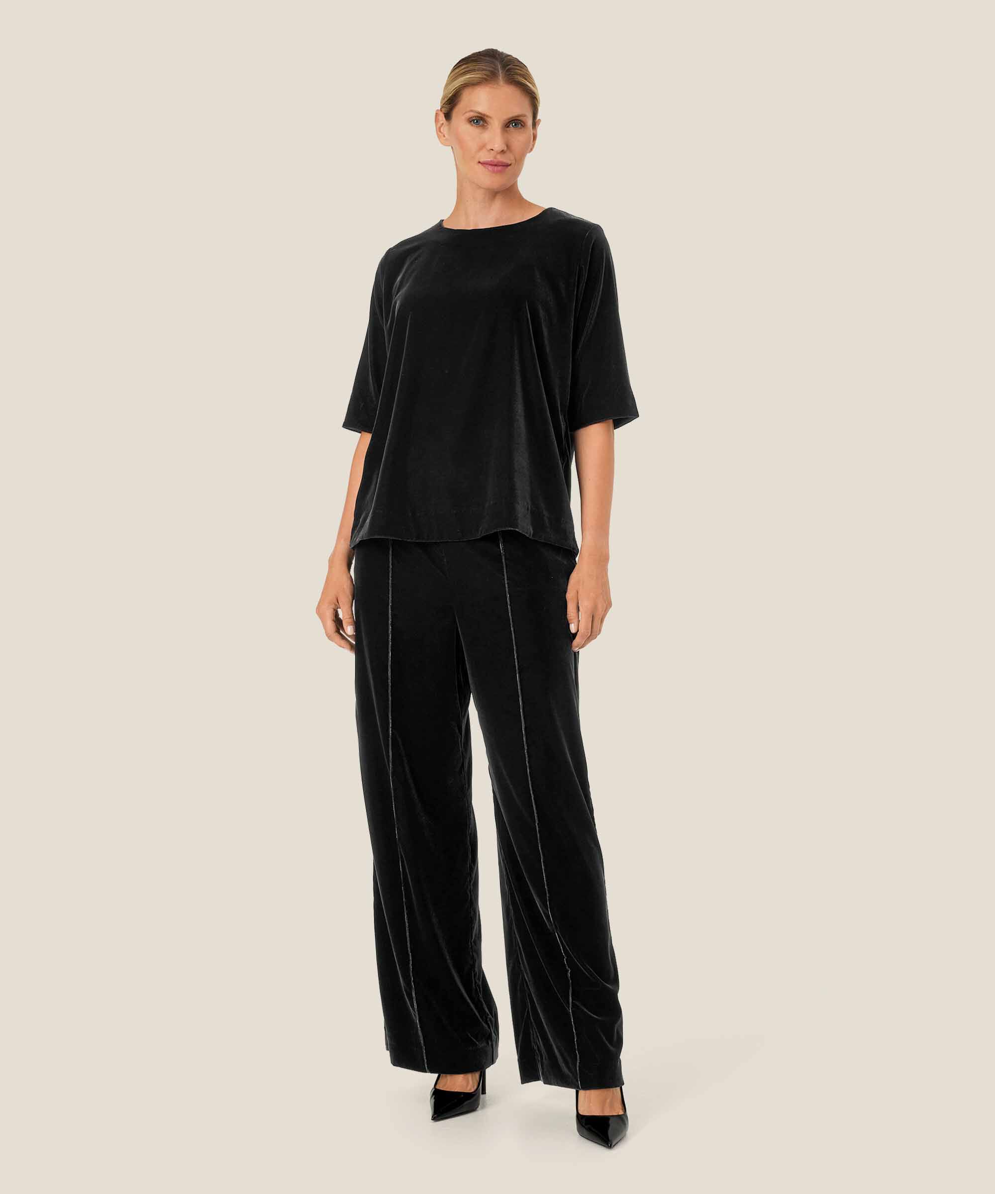 blouse en velours avec bouton, Black