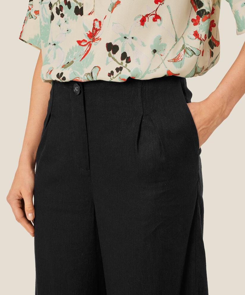 Pantalon en lin mélangé avec jambes larges et poches fendues, Black