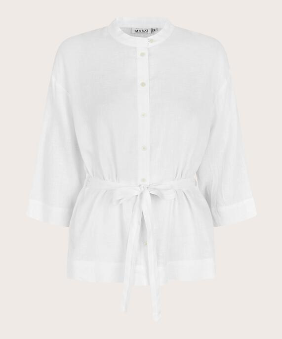chemise en lin à manches trois-quarts et lien à la taille, White