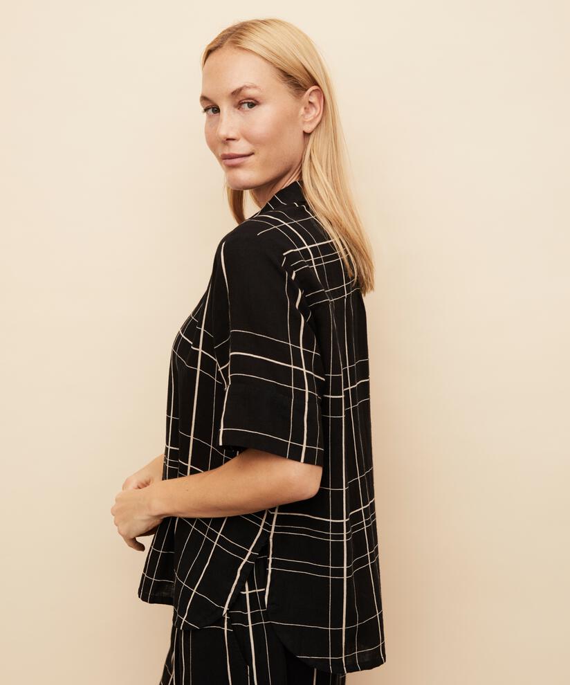 chemise à manches courtes en mélange de lin imprimé, Black